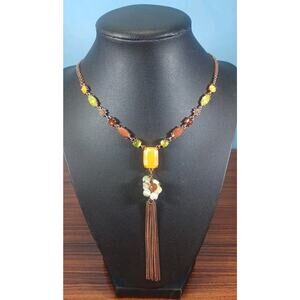 Signed V Vida Jewels Beautiful Green White Yellow Beaded Tassel Bronze Necklace